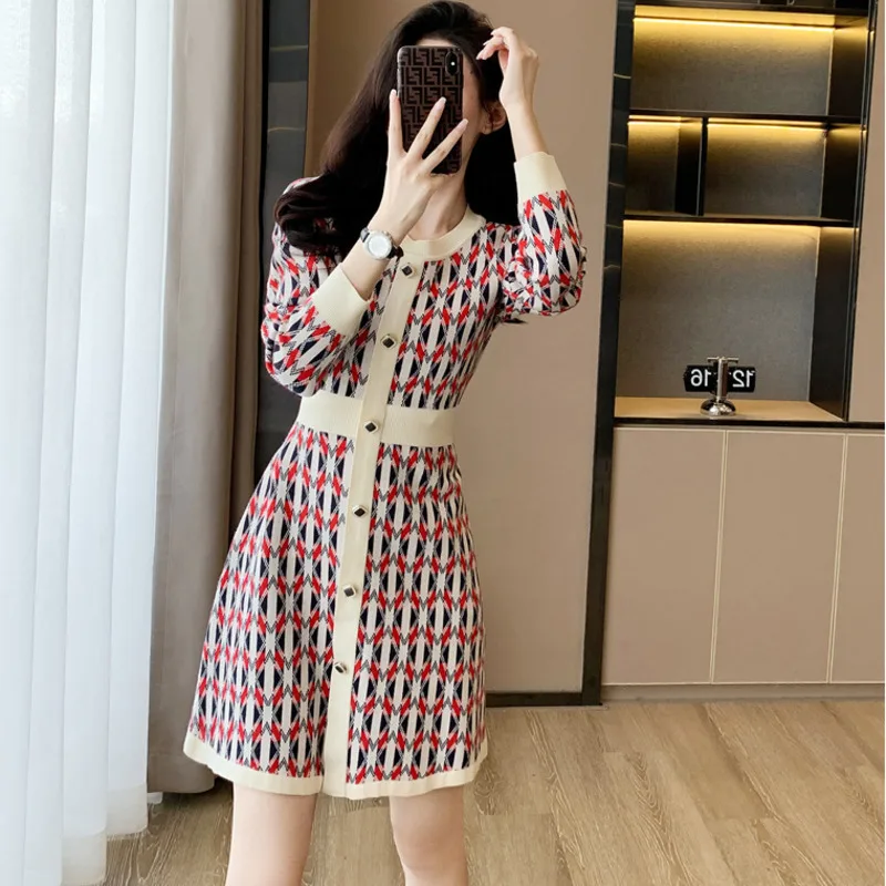 #0937 Office Plaid Sweater Dress Women Vintage A-line Dress Round Neck Buttons Slim Fit Sexy Stretch Retro Dress Spring Autumn