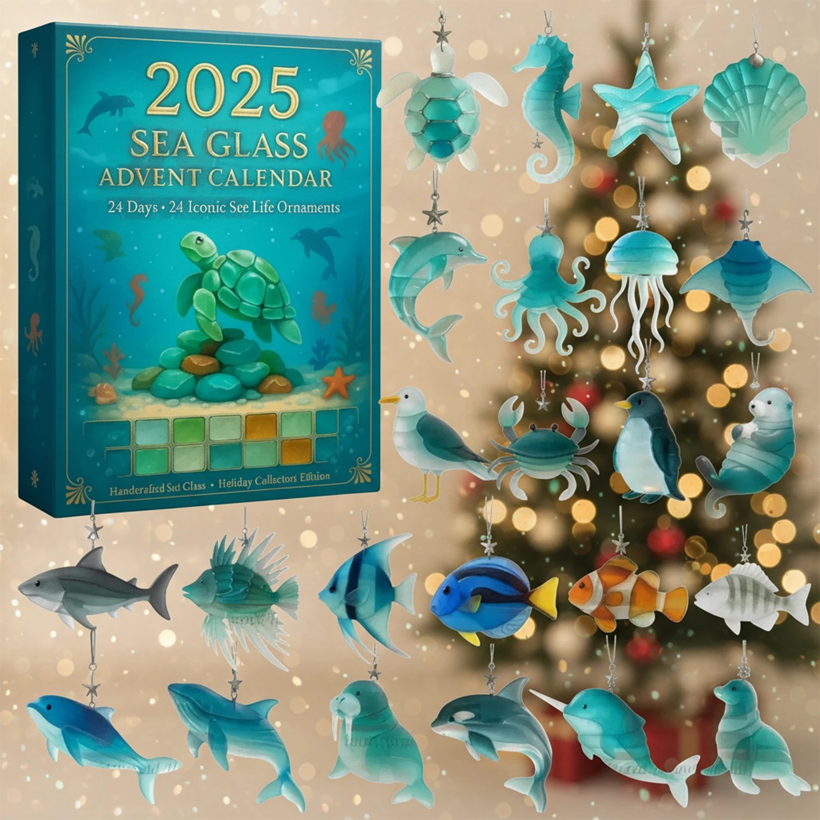 الحياة البحرية تمثال هدية عيد الميلاد العد التنازلي التقويم 2025 2D شقة المحيط الحيوانات شجرة عيد الميلاد الديكور عطلة العد التنازلي التقويم #6