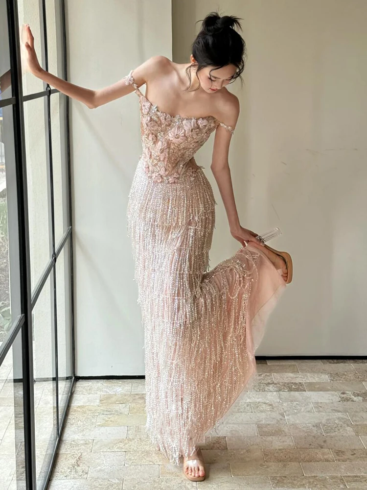 

Ele Розовое свадебное платье с кисточками, тяжелое рабочее помолвочное платье, вечернее платье, длинная юбка без свека для празднования свадьбы