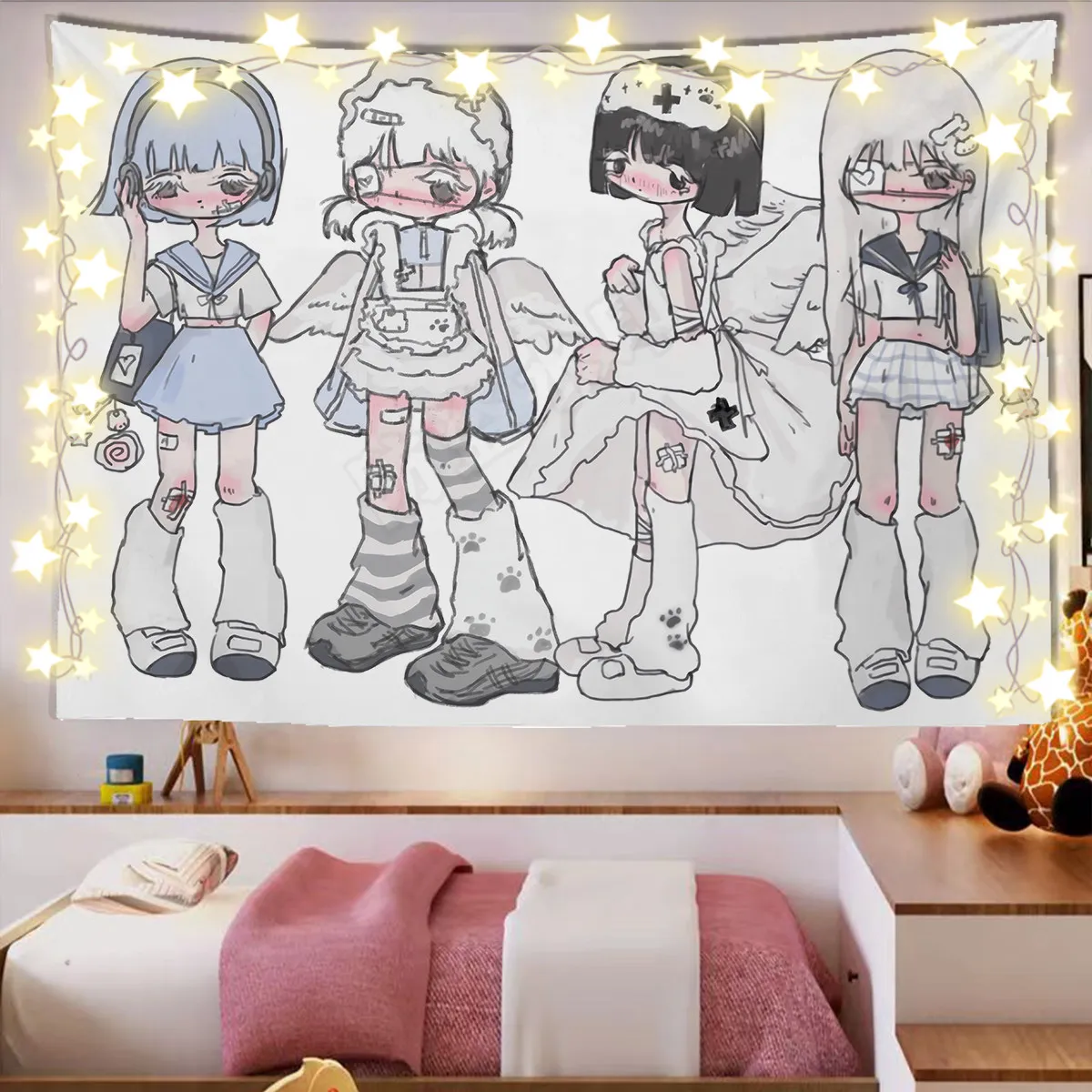 VIKAMA Kawaii Harajuku Anime Girls Tapestry Gothic Angel Sketch Cartoon Wall Hanging Cute Teen Bedroom Decor