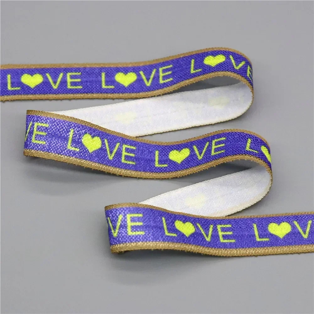 DHK 5/8\'\' 5yards Love Sun Hope Friend Printed Fold Elastic FOE Stretch Ribbon Accessories Craft DIY Sewing E2172