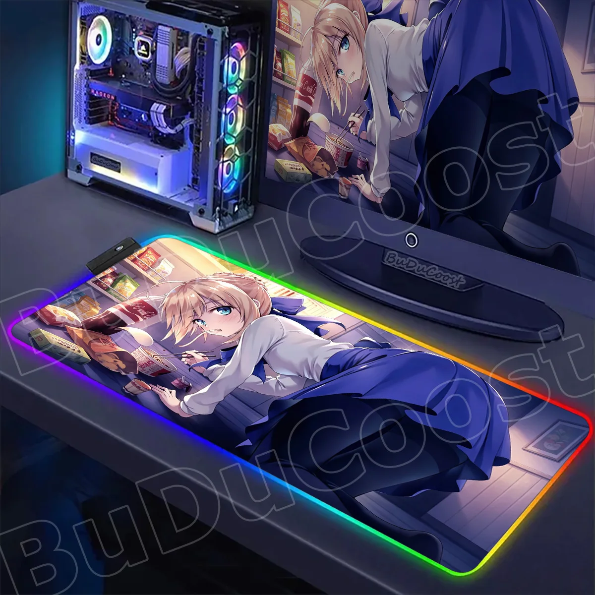 RGB Anime Saber Fate Grand Order Mouse Pad LED E-Sports Gaming Office Desk Mats Accessories Backlit Computer Office Keyboard Rug
