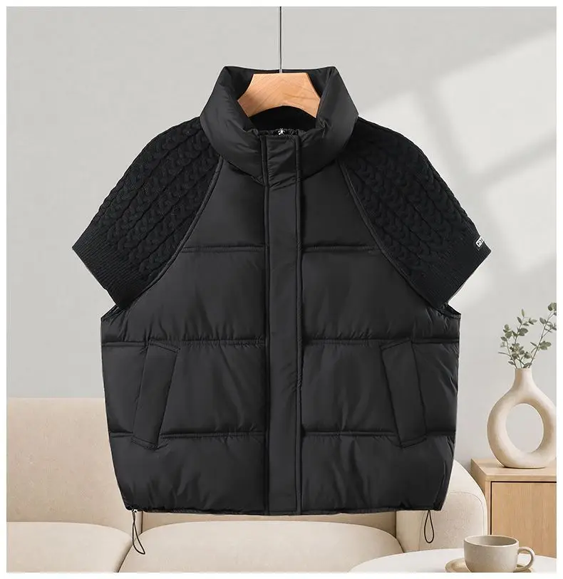 Knitted Spliced Vest Women Stand Collar Short Sleeve Cotton Warm Waistcoat High Collar Puffer Vest Loose Warm Sleeveless Coat