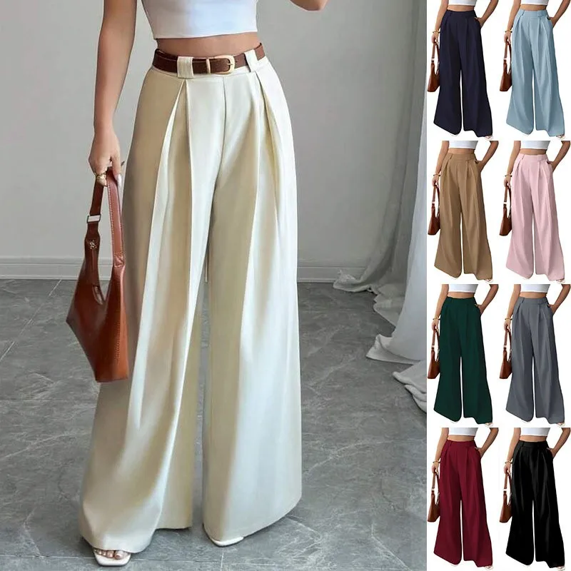 

Summer Women Pants High Waist Pleated Front Trousers Solid Color Loose Fit Wide Leg Pants Draped Belted Waist Straight Cut Pants
