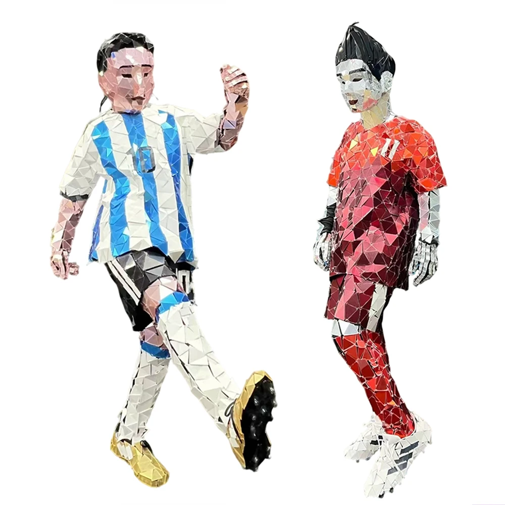 Blauw-wit gestreepte handen genaaide acryl spiegelmozaïek voetbal sportset geometrische lens sterspeler stijl atletische outfit