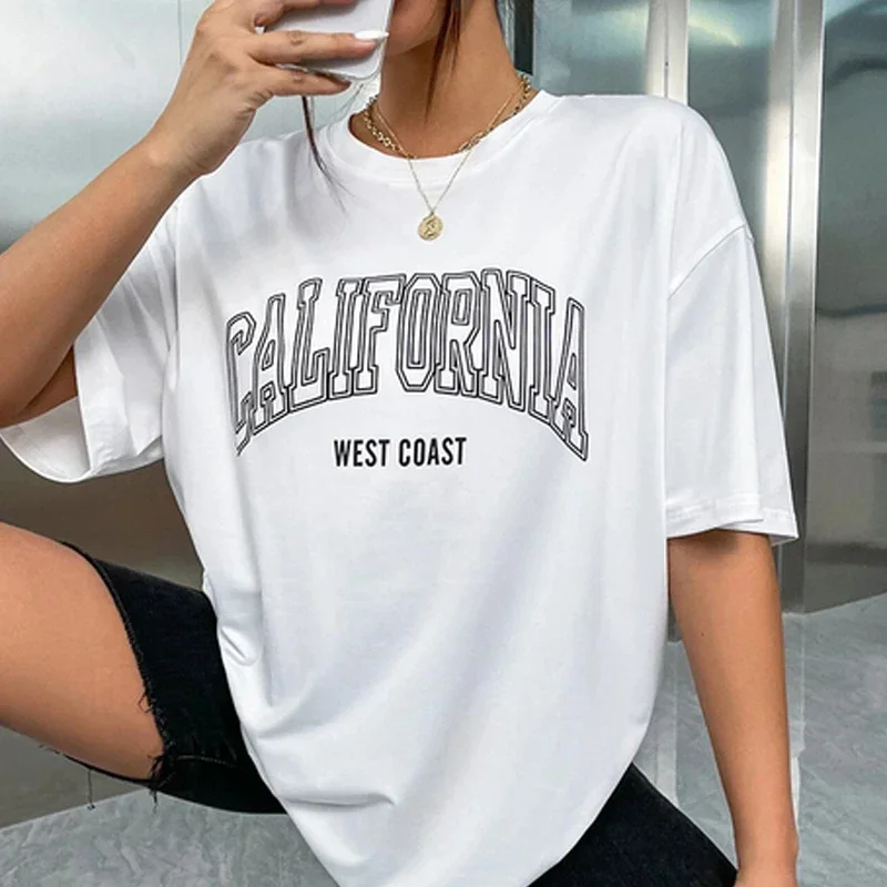 Letters Graphic Printed Women T-shirt California West Coast Print Short Sleeve T Shirt Female Vintage Tops Simple Gothic Clothes