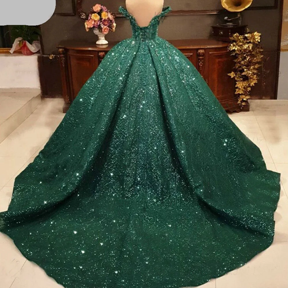 Arabic Green Sequins Ball Gown Wedding Dresses Off The Shoulder Lace Appliques Bridal Gowns Sweep Train Custom вечернее платье