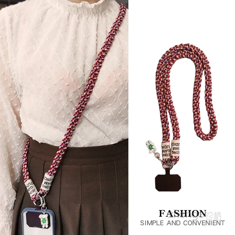 Colorful Woven Three Strand Ponytail Mobile Phone Lanyard with Cute Mahjong Pendant Decoration Crossbody Strap Universal Phone