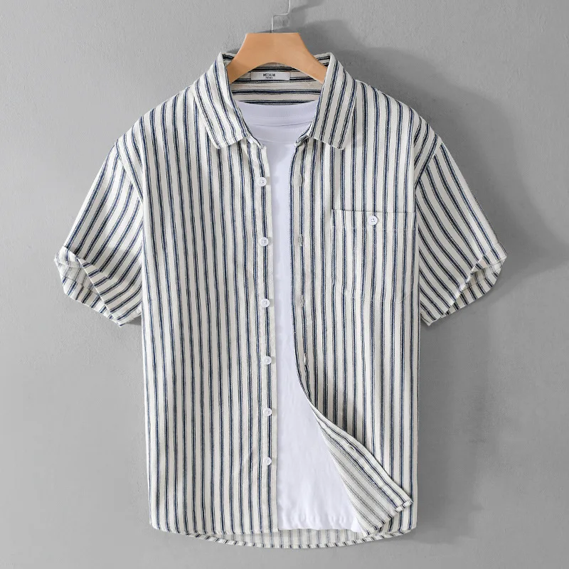 

Summer Men's Casual Loose Cotton Shirt Short Sleeve Stripe Pattern Artistic Youth Fashion Half Sleeve Pure Cotton Blouse