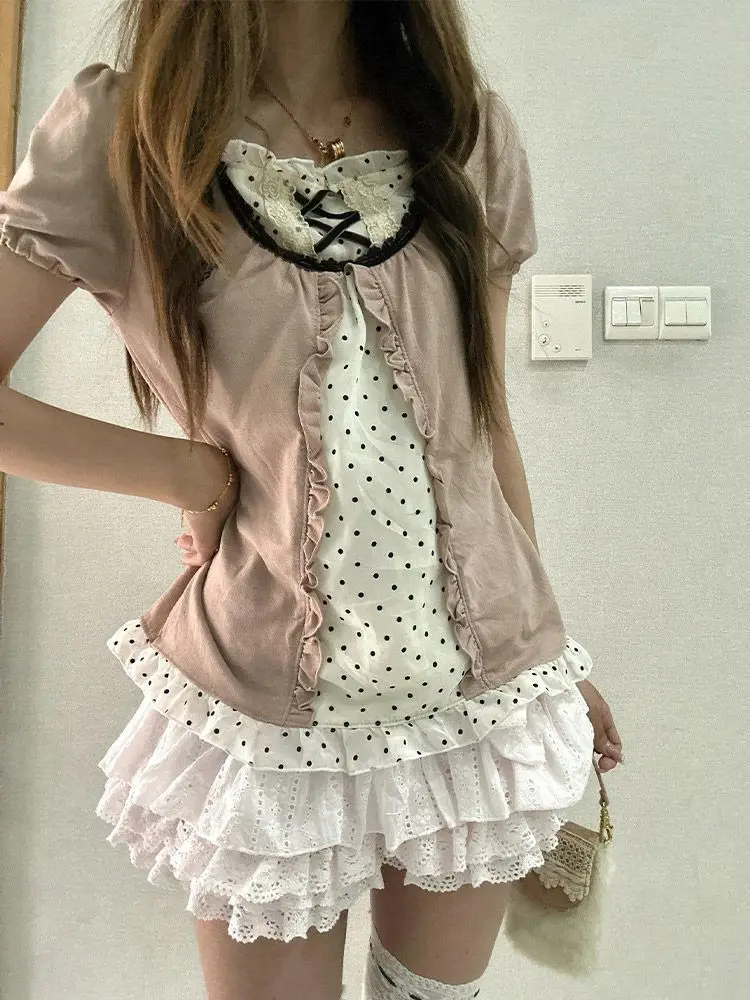 

American Style Vintage 2 Piece Set Woman Sweet Girl Fake Two Short Sleeved Tops Casual Lace Mini Skirt Chic