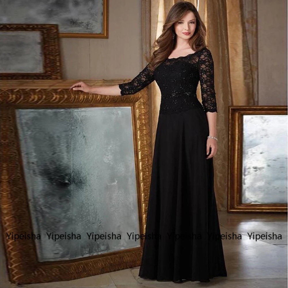 

2022 Yipeisha Black Mère Formelle Robes Three Quarter Sleeve Chiffon Women Dress Scoop Mother Of Bride Dresses Lace New Arrived