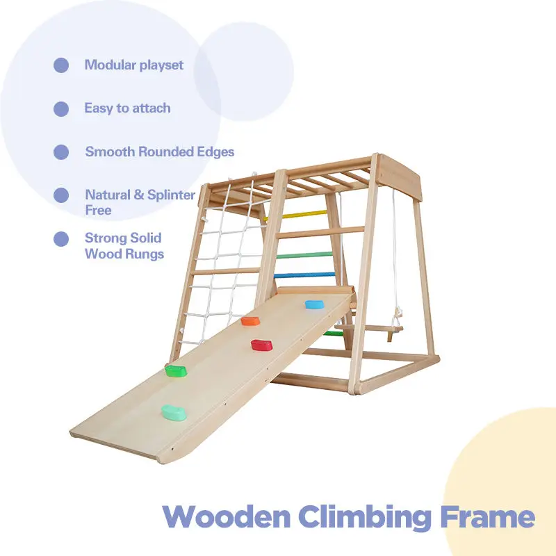 Montessori Children Indoor Wooden Climbing Frame and Swing Triangle With Slide