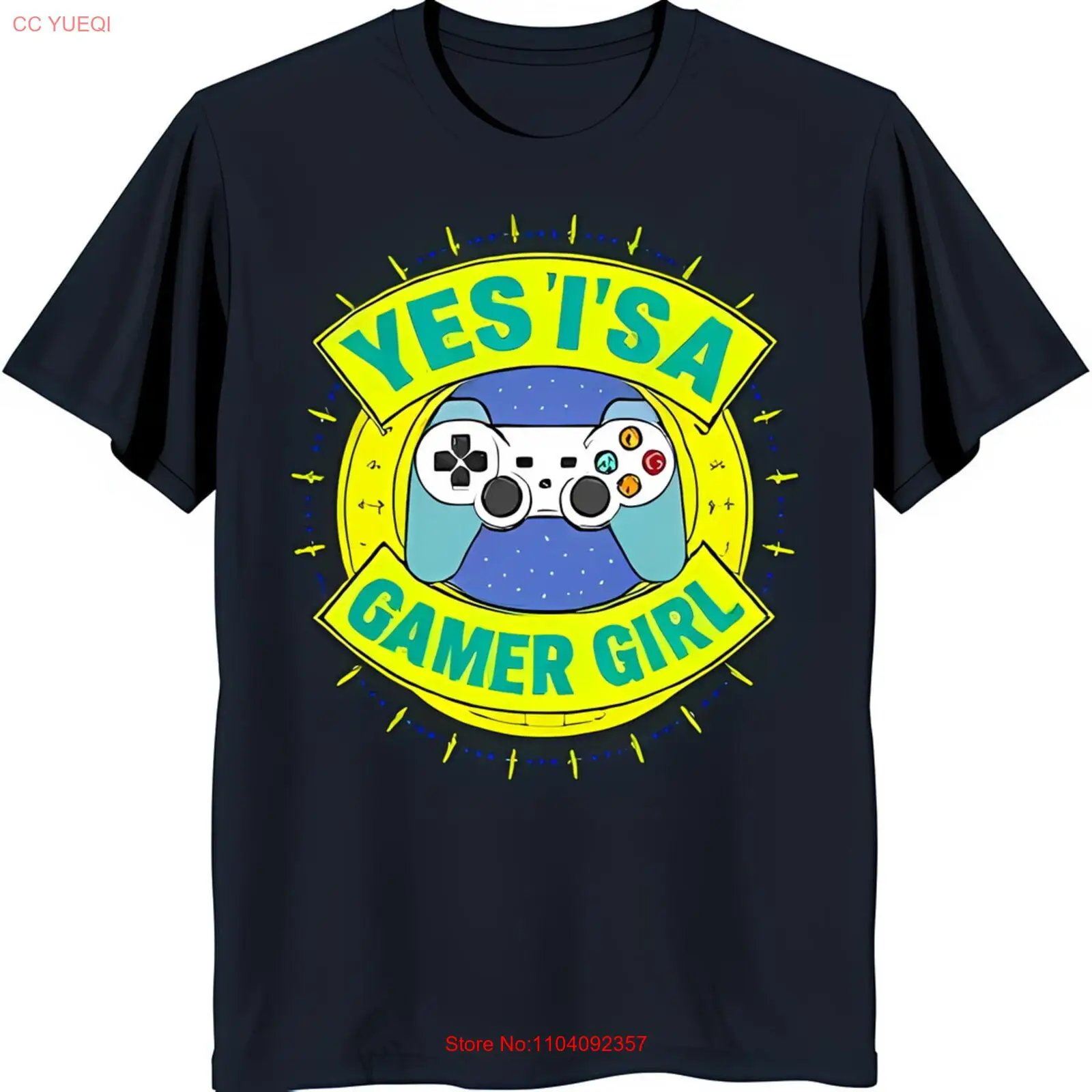 

Stylish Black T-Shirt with Unique Yellow Circle Design & Gamer Controller 'Yes