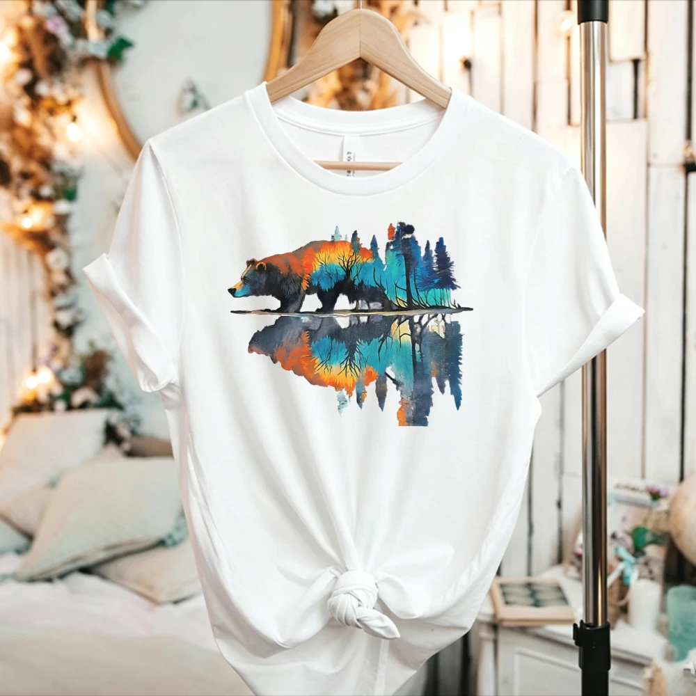 Watercolor Bear Mountain Lake Reflection Nature Graphic T Shirt Wild Bear Forest Scenery  Outdoor Wildlife Adventure Cotton Tees