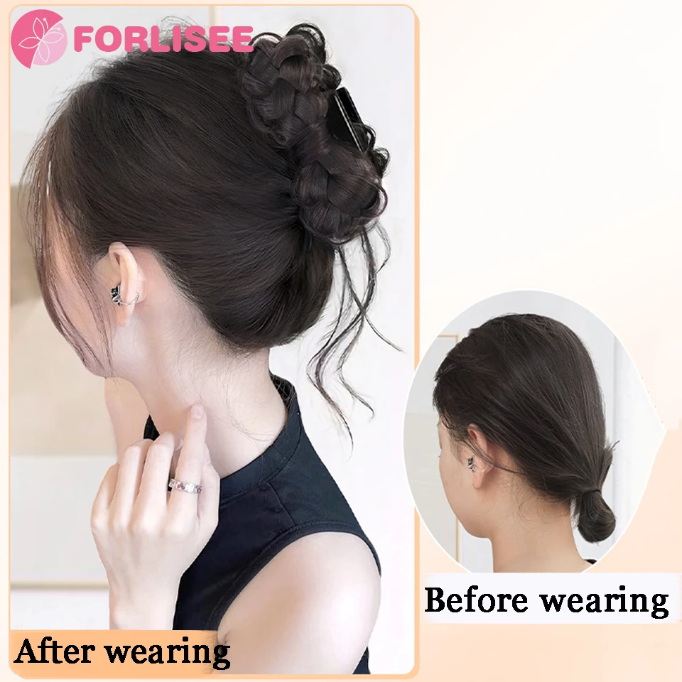 FORLISEE Synthetic Ball Head Wig Bow Dragon Whisker Clip Flower Bud Head Ancient Style Hair New Chinese Style Braid Hair Bag