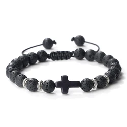 Vintage Cross Men Bracelets Bangles 8mm Natural Stone Black Lava Onyx Beads Meditation Bracelets Women Fashion Yoga Jewelry Gift