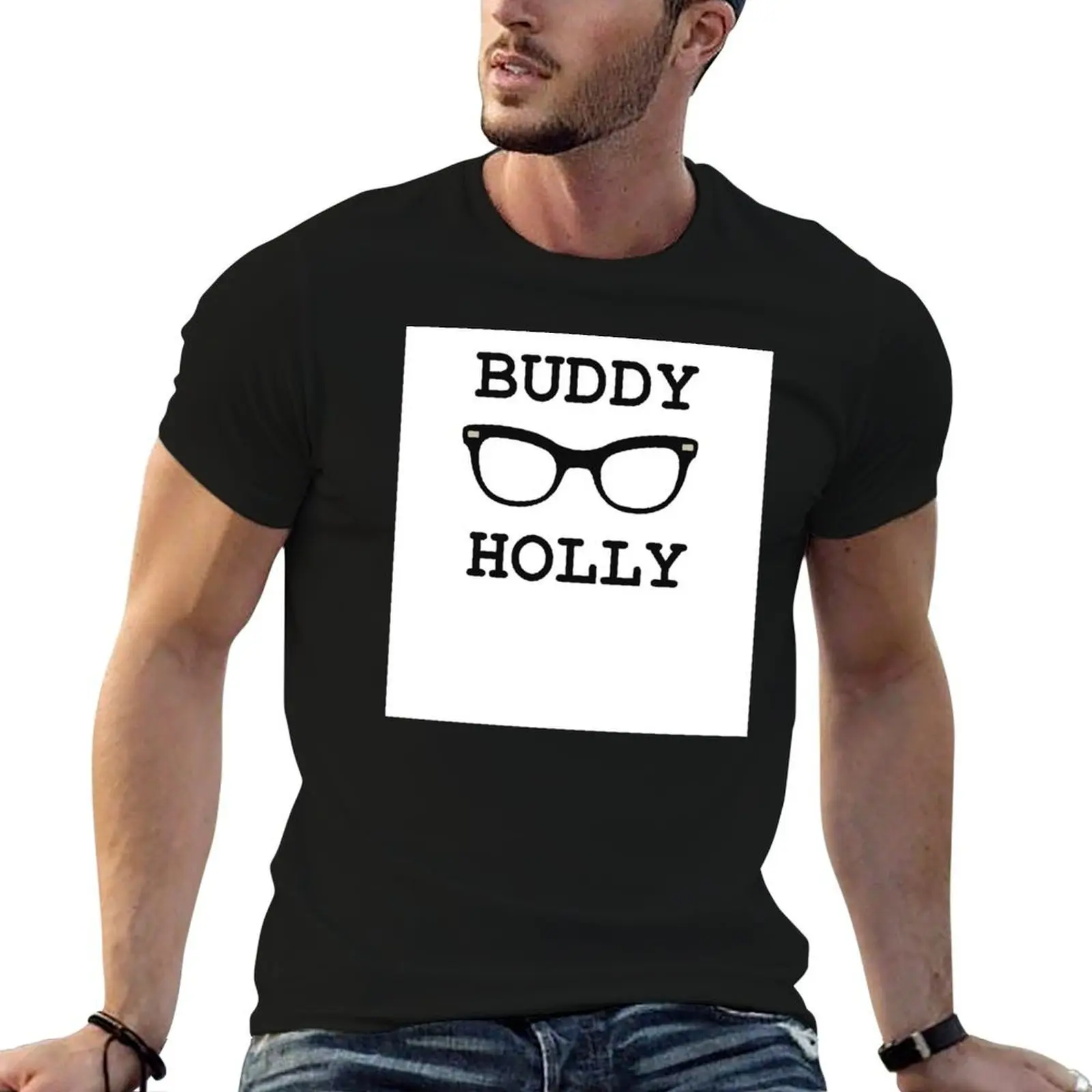 

Buddy Holly glasses art T-Shirt black cotton t-shirt plain for man package man t shirt heavy cotton T-Shirt