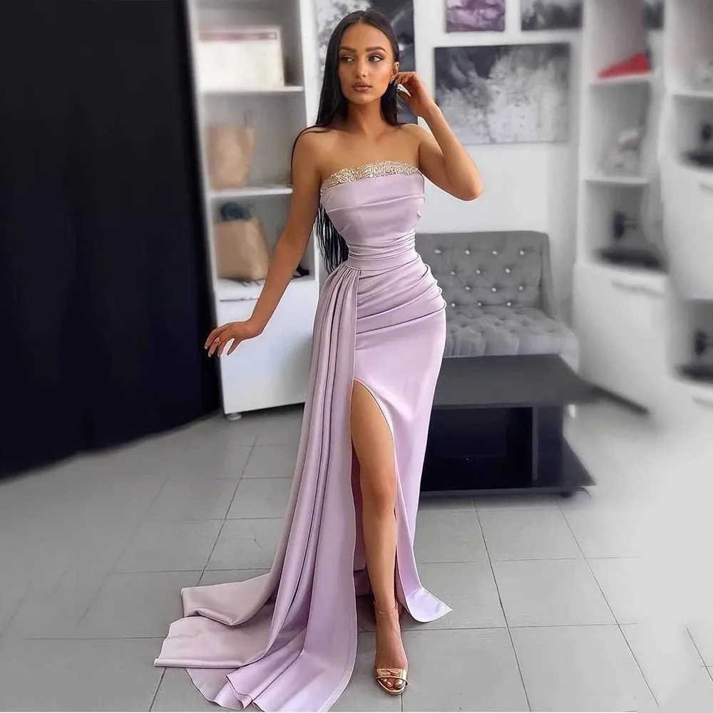 

ANGELSBRIDEP Lavender Soft Satin Mermaid Prom Dresses Evening Party Gowns Slit Side Train Prom Dresses Corset Back Floor Length