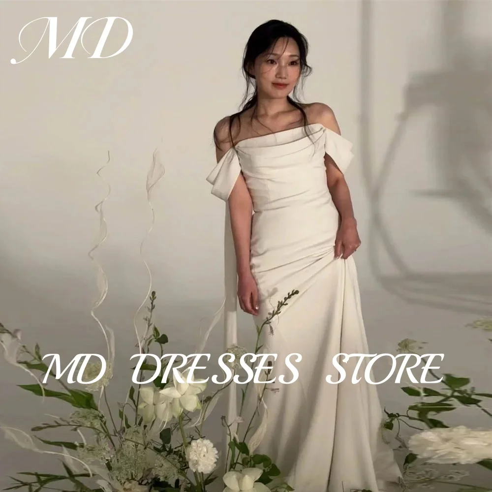 MD Simple White A-line Wedding Dresses Off Shoulder Short Sleeve Korea Photoshoot Pleat Bridal Gown Reception Dresse Customised