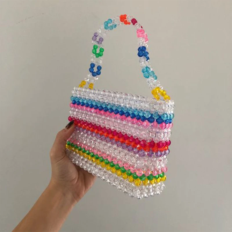 

Rainbow Stripe Design Customizable Based on Images 2023 Niche Handmade Beaded Woven Portable Banquet Small Square Bag Top-Handle