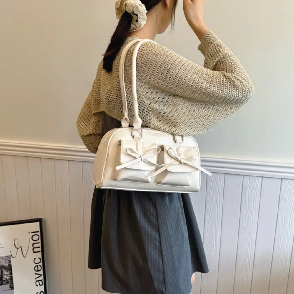 

Vintage French Style Bow Tie Bowling Bag Elegant Bowknot Boston Shoulder Bag Large Capacity Casual Women Handbags Girls
