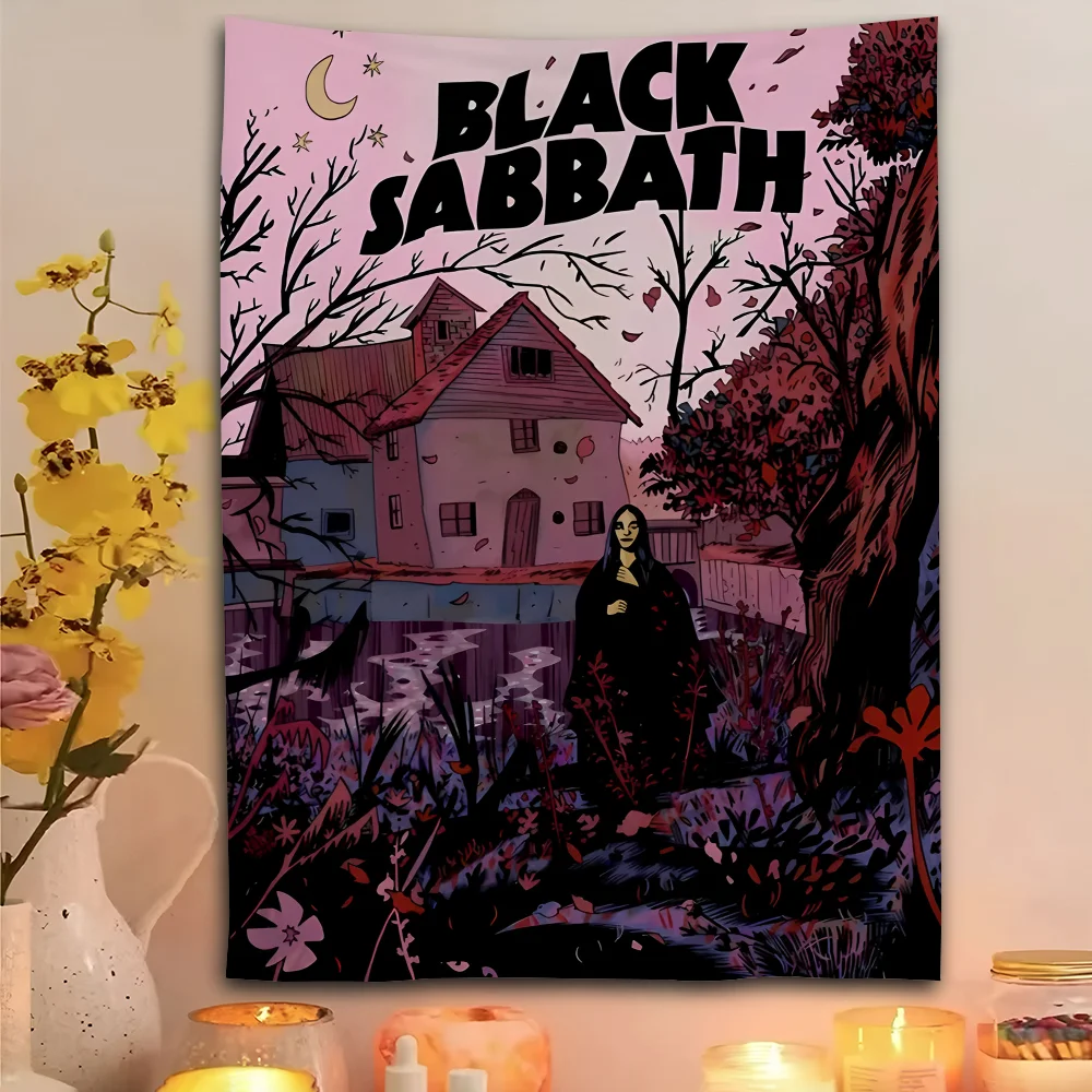 Black Sabbath Self-Titled Debut Album Tapestry Banner Vintage Pink Night House Witch Moon Tree Print Polyester Wall Hanging Flag