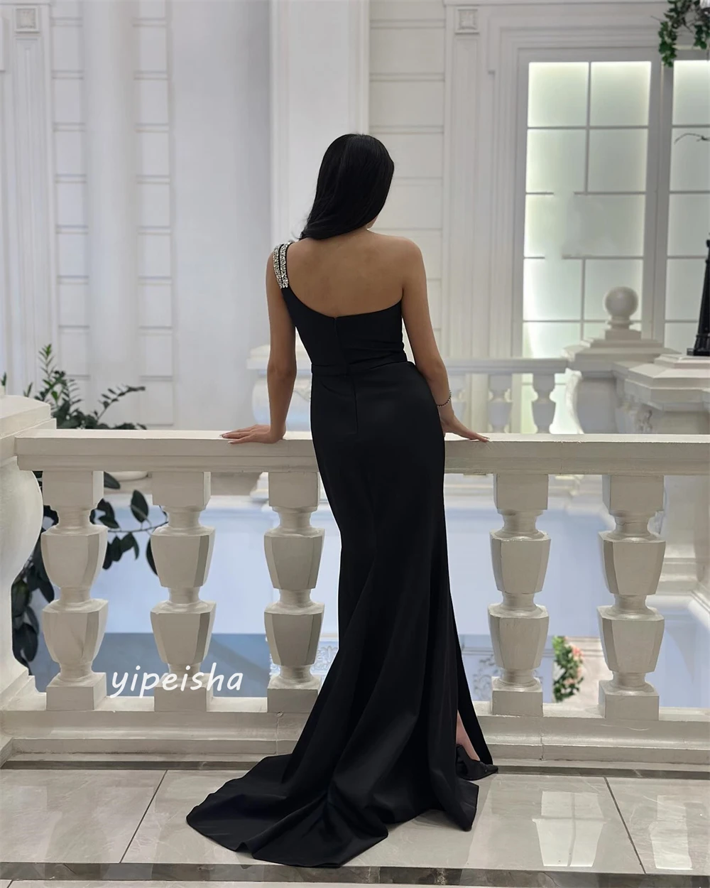 Jersey Beading Draped Pleat Wedding Party Mermaid One-shoulder Bespoke Occasion Gown Long Dresses