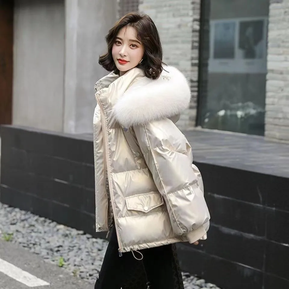 Winter Women\'s Parkas Thickening Korean No Washing Bright Surface Down Cotton Jacket Fur collar Hooded Loose Female Coat