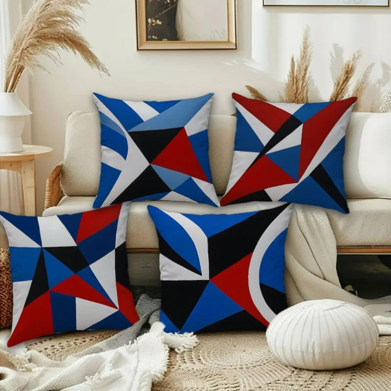 Abstract Geometric Pillow Covers, Red Blue Black Triangle Circle Art Throw Pillow Cases, Contemporary Home Decor Cushion Covers