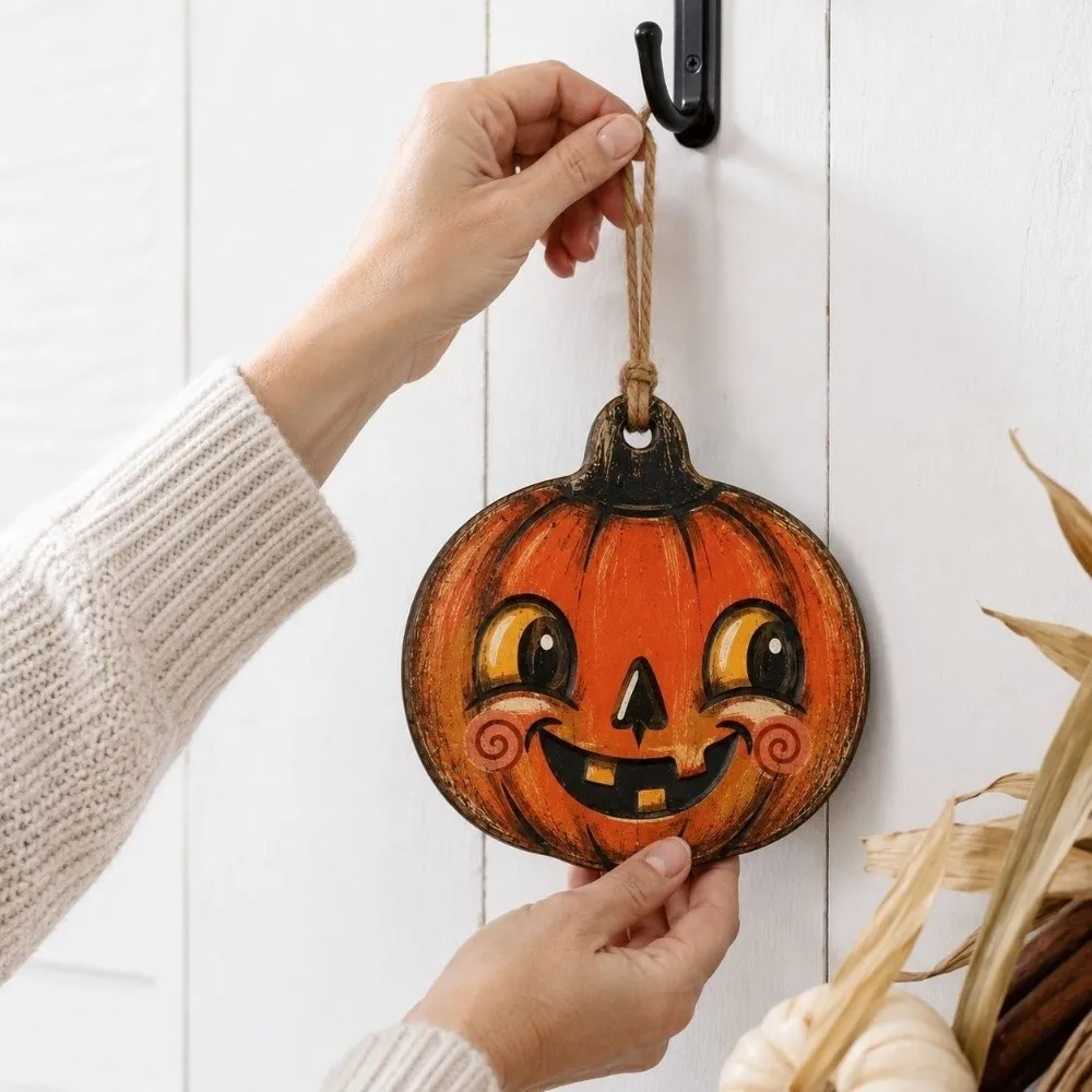 Vintage Style Halloween Pumpkin Ghost Pendant Trick or Treat Distressed Painted Wooden Black Cat Ornament Rustic with Rope