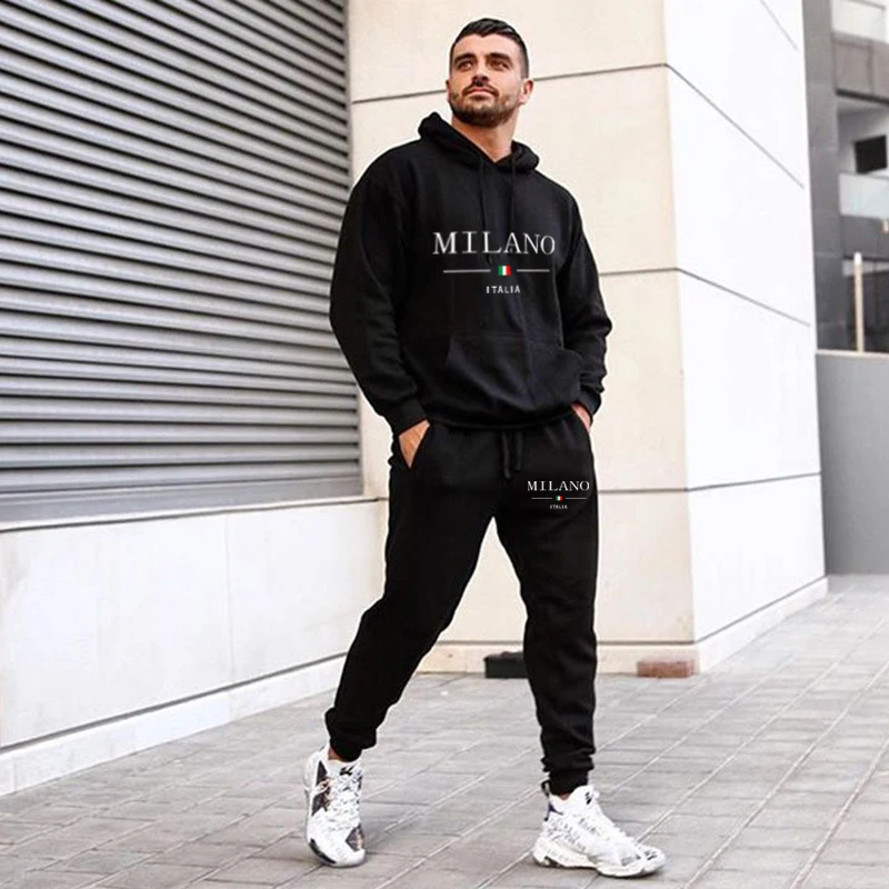 Fashionable Men\'S Hoodie Set Milan Print Luxury Sweatshirt + Pants 2-Piece Casual Suit Harajuku Street Jogging Sportswear Suit