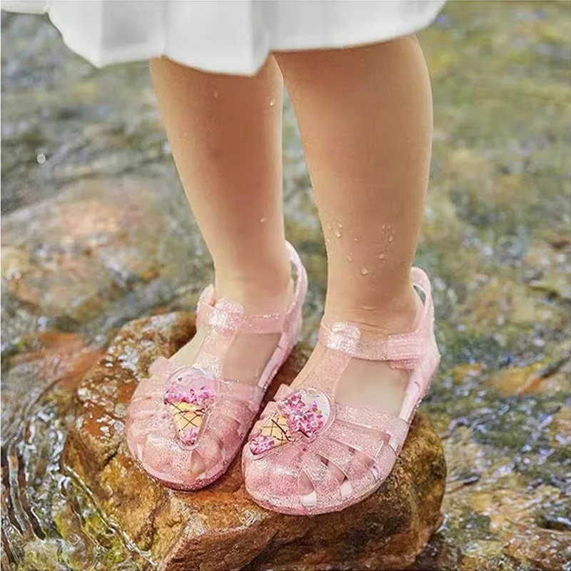 Mini Melissa lindas sandalias sólidas con decoración de helado y punta abierta para niñas, sandalias ligeras transpirables para zapatos de playa para interiores y exteriores