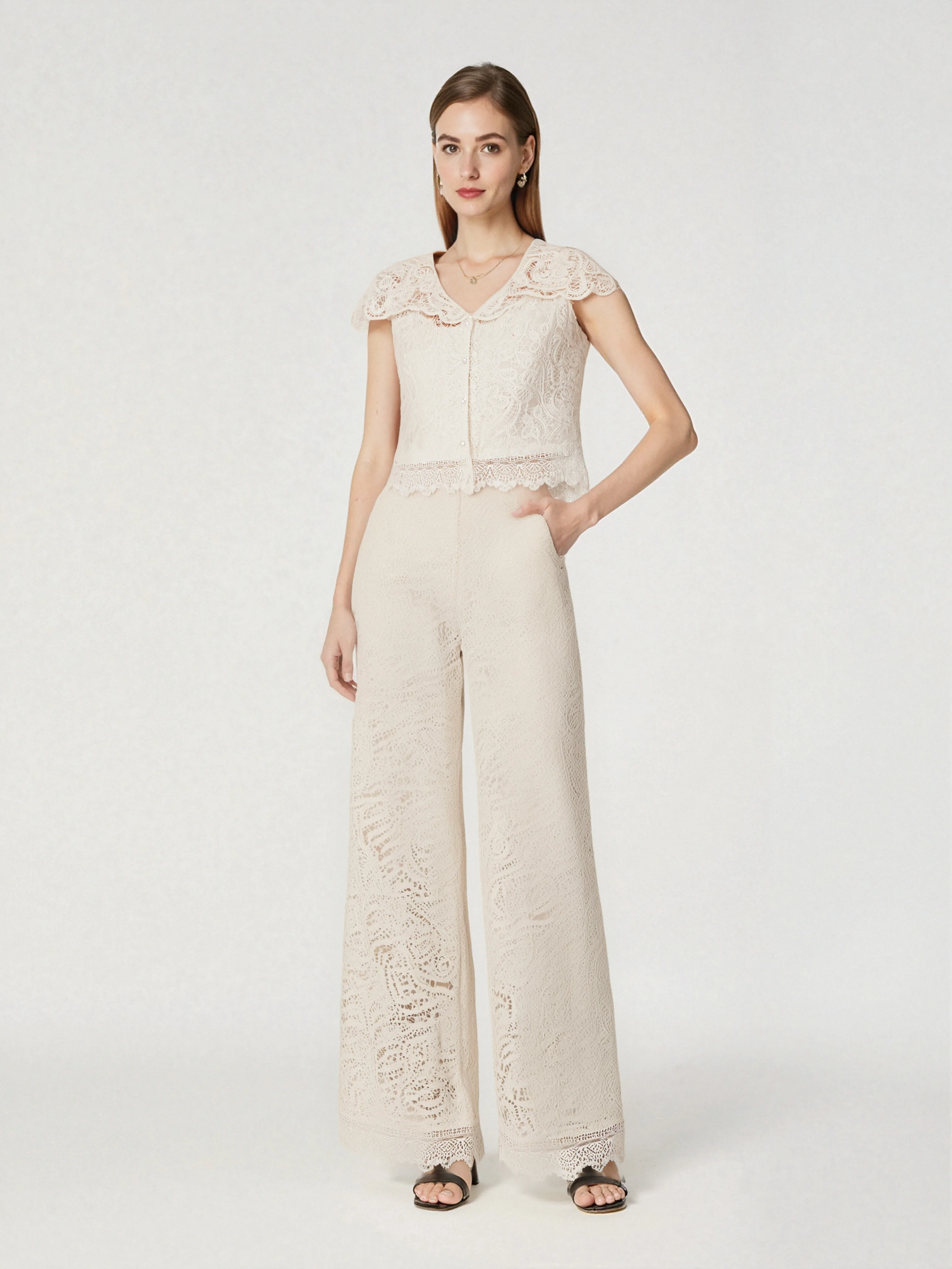 

Luxury Sequin Hollow Vest Hooded Top with Lace Detailing And Casual Straight Leg Pants Two-Piece Set for Women