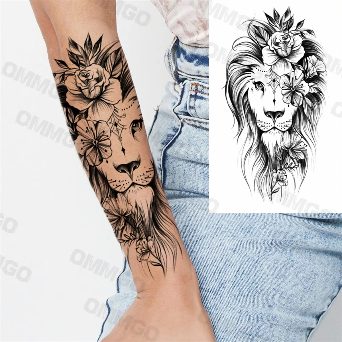 Realistic Lion Rose Flower Temporary Tattoos For Women Adult Girl Compass Skull Fake Tattoo Arm Thigh Body Art Waterproof Tatoos