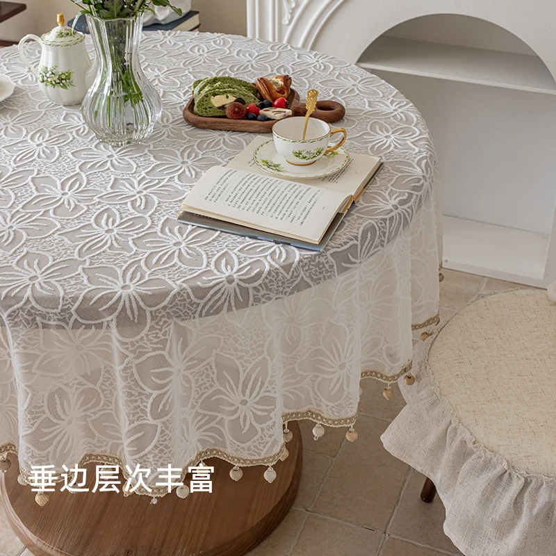 White Round Tablecloth for Wedding Decor Embroidered Lace Table Cloth Rectangle Tablecloth Banquet Coffee Table Cover Kitchen