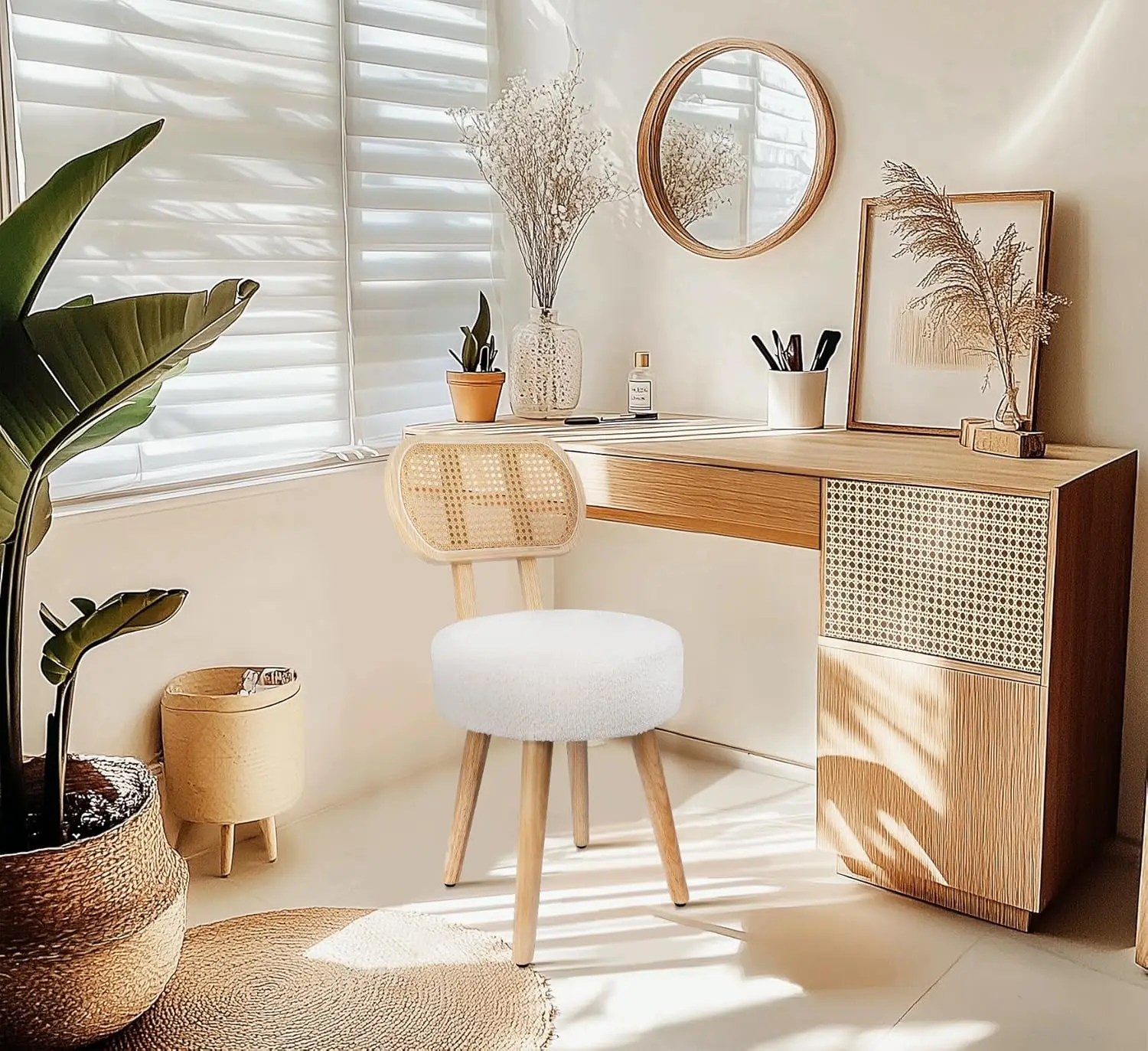 Modern Rattan Dining Chair with Boucle Seat, Versatile Accent Chair for Living Room, Kitchen, or Office