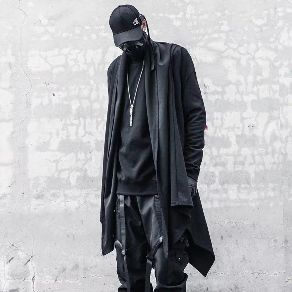Men Dark Gothic Deconstructed Mid Length Trench Fall Streetwear Fashion Nightclub Statement Youth Irregular Drape Cape Outerwear