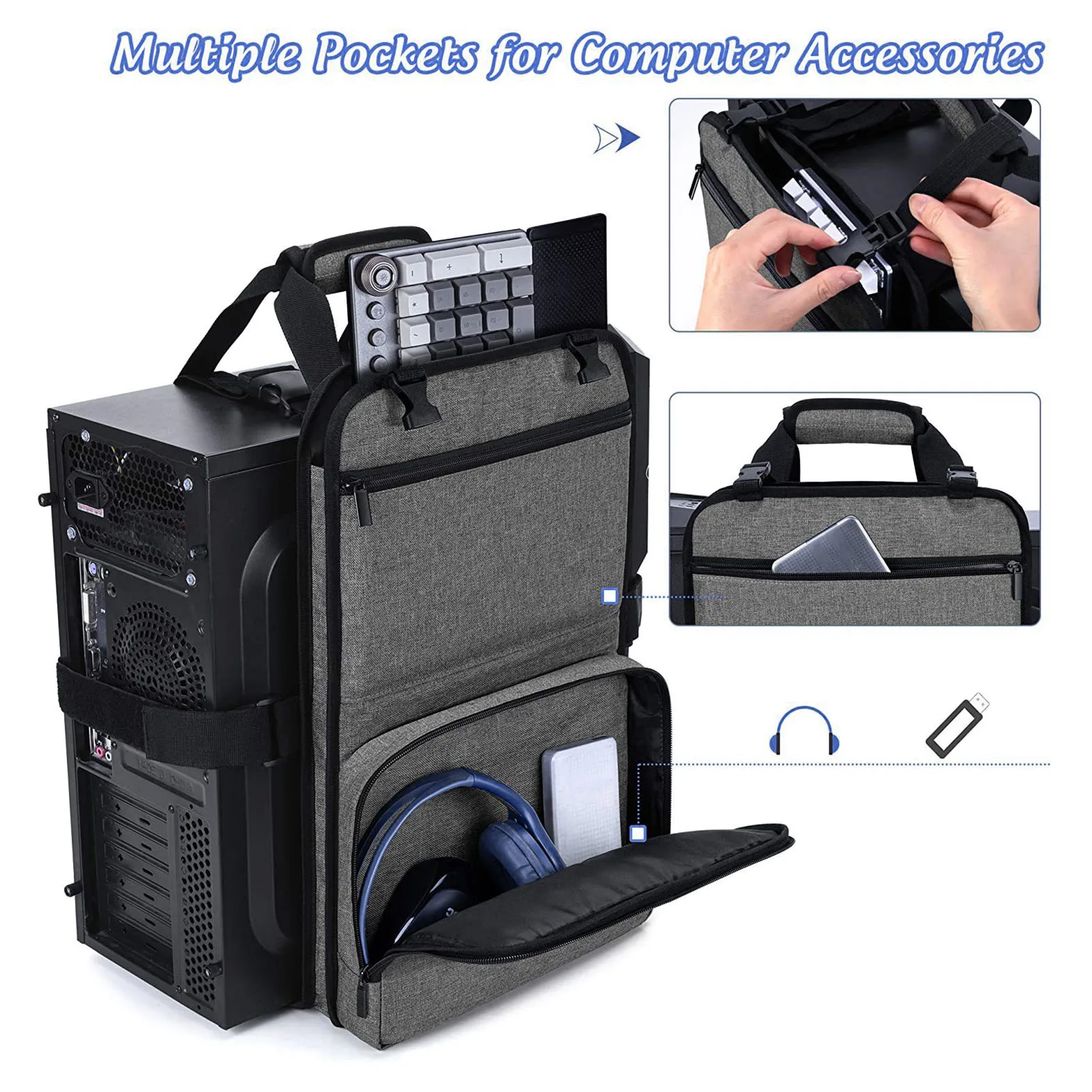حزام حمل برج الكمبيوتر مع مقبض حقيبة حمل سطح المكتب مع جيوب لكابل لوحة المفاتيح وملحقات الكمبيوتر والبوليستر