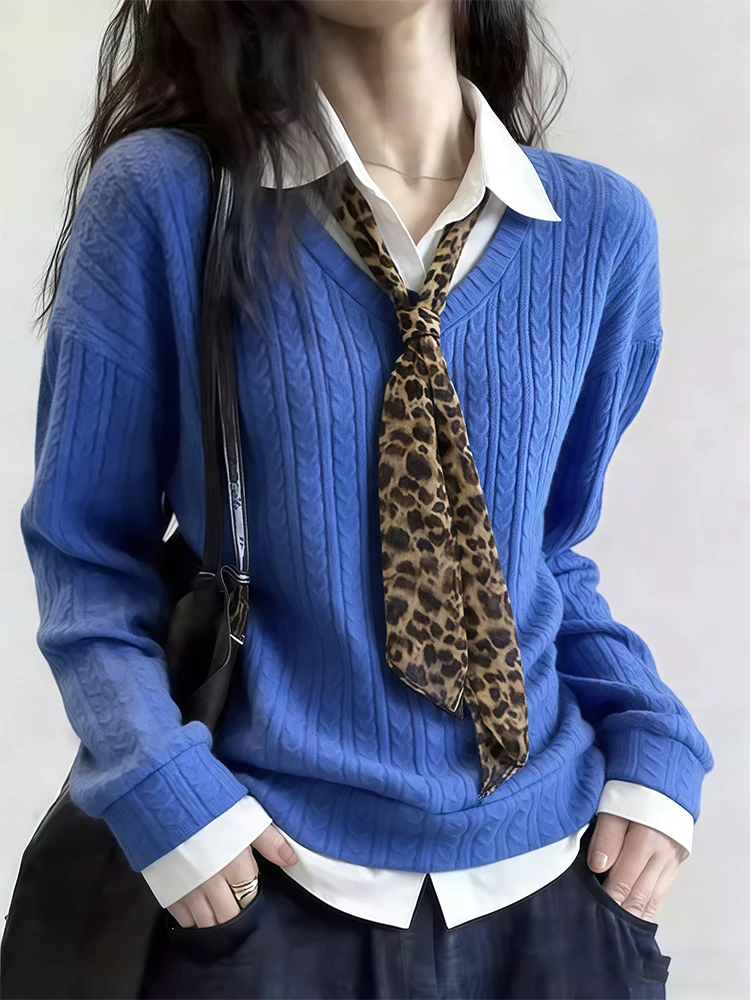 

Женский свитер из витого трикотажа цвета Кляйн синий, свободного кроя, утепленный, с воротником, базовый слой, для колледжа, средней толщины, мягкий