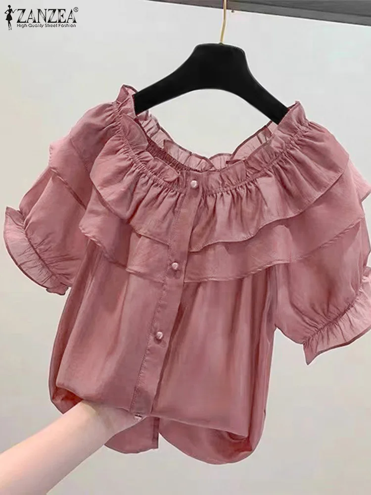 ZANZEA Fashion Ruffled Stitching Blouse Women Solid Chiffon Tops Holiday Summer Elastic Neck Shirt Vintage Puff Short Sleeve Top