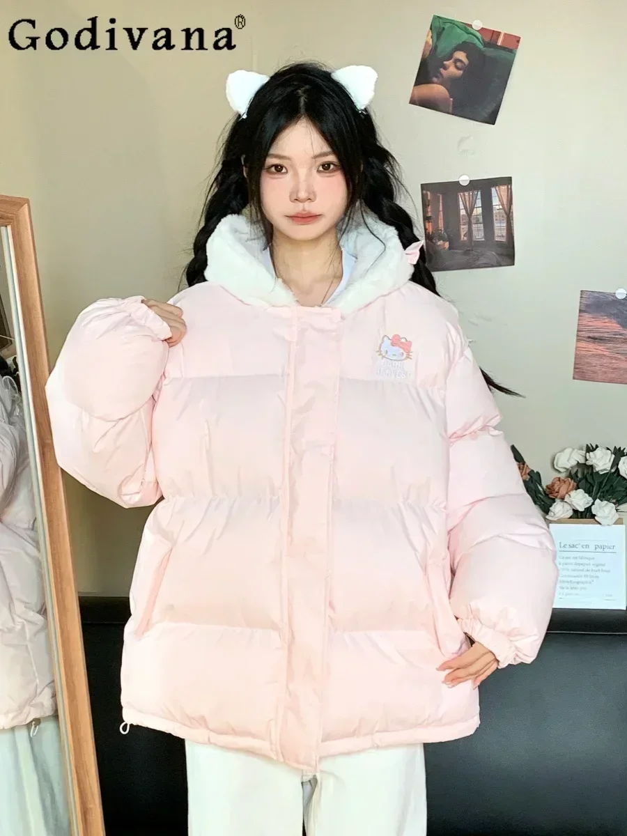 Sanrio Hello Kitty Cotton Padded Coats Japanese Girl Sweet Cute Loose Warm Thickened Student Casual Y2k Cardigan Jacket Women