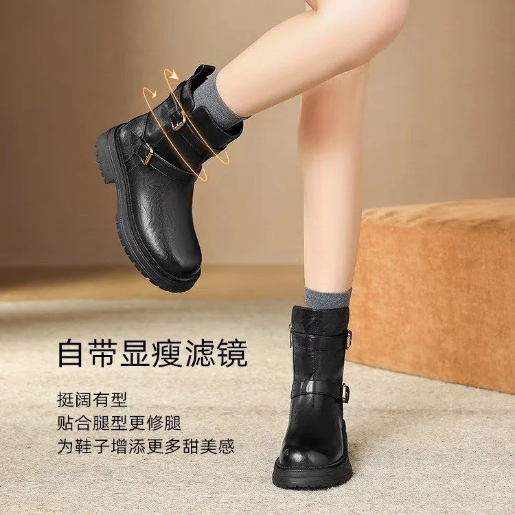 نمط جديد أزياء المرأة جلدية نصف أحذية عالية البني جولة تو السيدات منتصف العجل أحذية مصمم فاخر مريح وأنيق