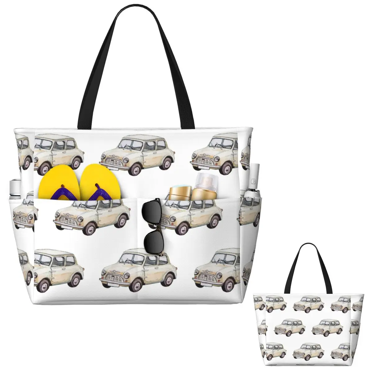 

Classic White Mini Cooper In Watercolor Style Beach Tote Bag Sport Gym Yoga Duffle Large Tote Bag Women Travel Bag Fitness bag