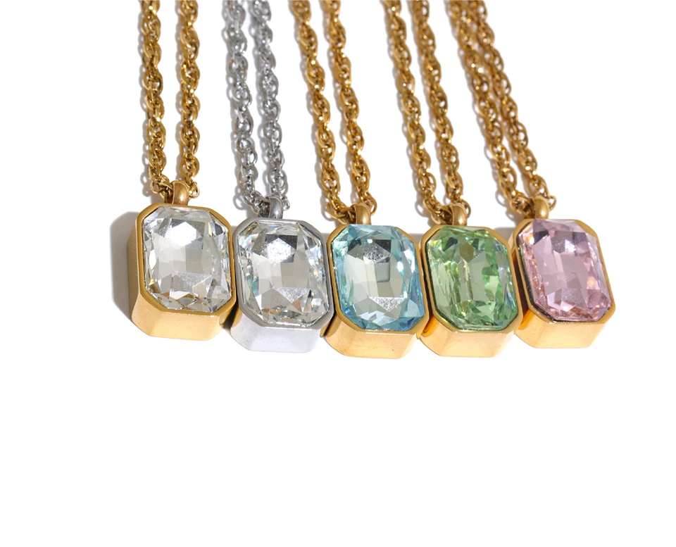 Yhpup Mehrfarbige Edelstahl-Zirkon-Quadrat-Halskette Anhänger Glänzender Modischer Exquisiter Schicker Schmuck Rostfrei – Detail 3
