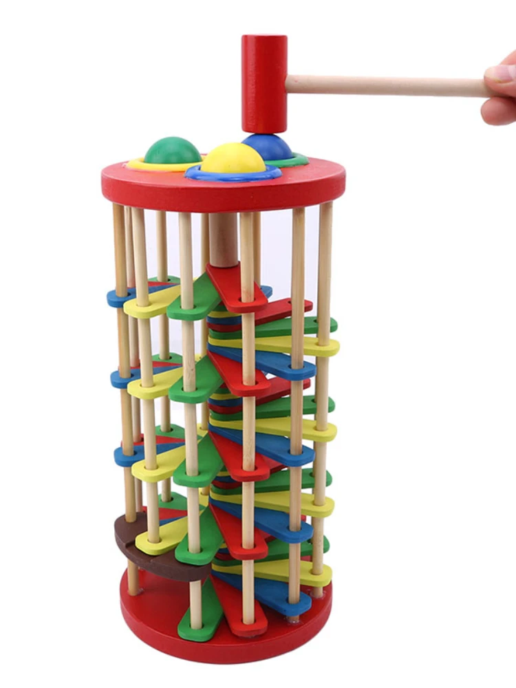 

Creative Intelligence Block Shape Pound and Roll Wooden Tower with Hammer Knock the Ball Rolling Off Ladder Baby Toys Best Gift