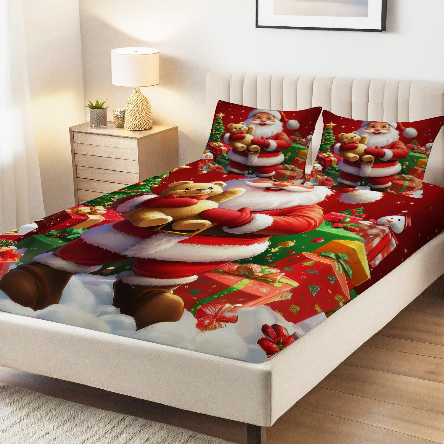 Digitally Printed Bed Sheet Set, Bedding (includes 1 bed sheet + 2 pillowcases), Santa Claus bed sheet, suitable for home, dormitory, master bedroom, guest room, elastic-fit design, mattress protector, suitable for all seasons, machine washable, holiday decoration, various sizes, breathable protector with pillowcases