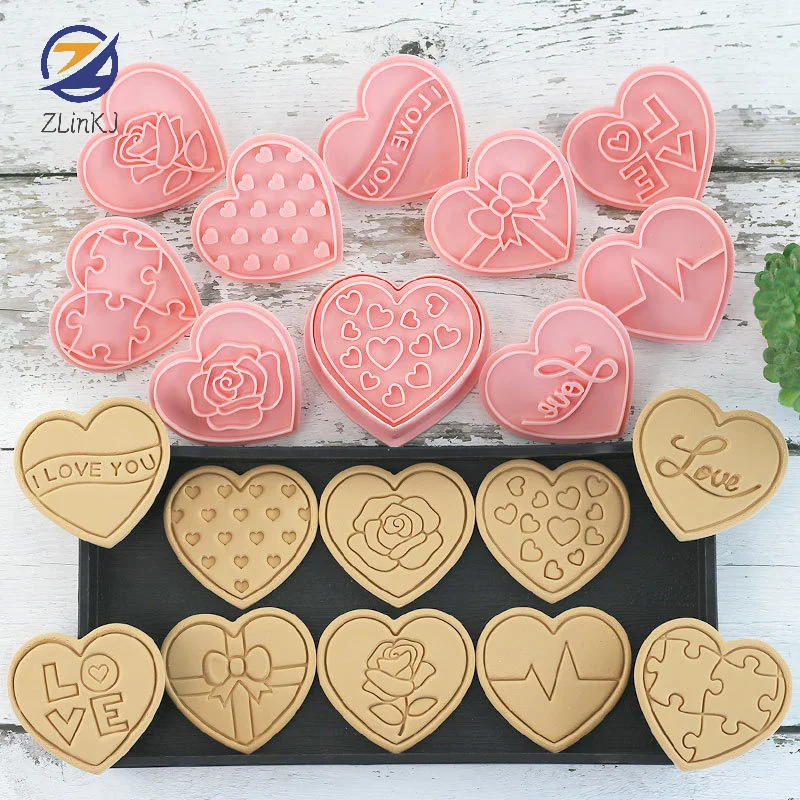 10Pcs/set Heart Shaped Cookie Stamps Valentine's Day 3D Cookie Cutters DIY Press Molds For Love You Flower Heart Cookie Cutters