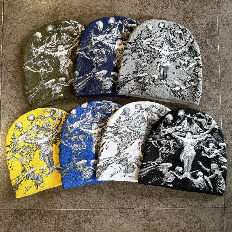 Gothic Skeleton Figure Jacquard Knit Beanie Hat Street Hip Hop Skull Pattern Skully Cap Multi‑color Warm Winter Casual Headwear