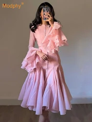 Modphy Women's Irregular Pleated Patchwork Fashion Long Flare Sleeve Waist Cinching Midi Dresses 2026 New Female Clothing