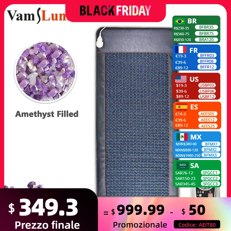 190x80cm Amethyst Far Infrared Heating Mattress Natural Crystal Gemstones Energy Mat for Back Pain Relief Smart Controller